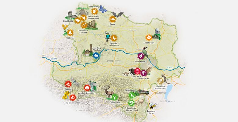 Übersichtskarte der Naturparke Niederösterreich mit Lage der einzelnen Naturparke und Symbolen für Landschaften, Tiere und Naturerlebnisse.