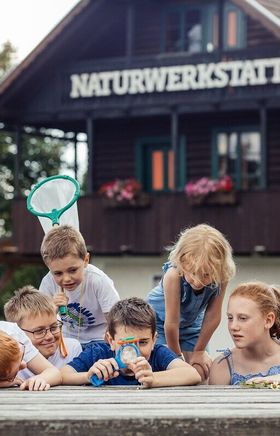 Eine Gruppe fröhlicher Kinder erkundet die Natur und entdeckt die Wunder der Umgebung. Unter der Anleitung einer engagierten Betreuerin lernen sie spielerisch über die Tier- und Pflanzenwelt. Die Atmosphäre ist geprägt von Neugier und Freude, während die Sonne sanft auf die Szene scheint.