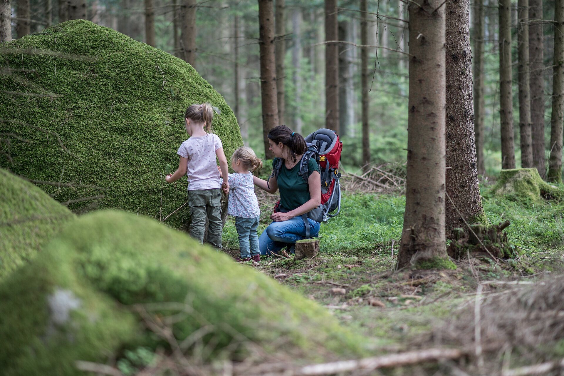 Zwei Kinder mit Mama mitten im Wald, die sich einen bemoosten Stein anschauen
