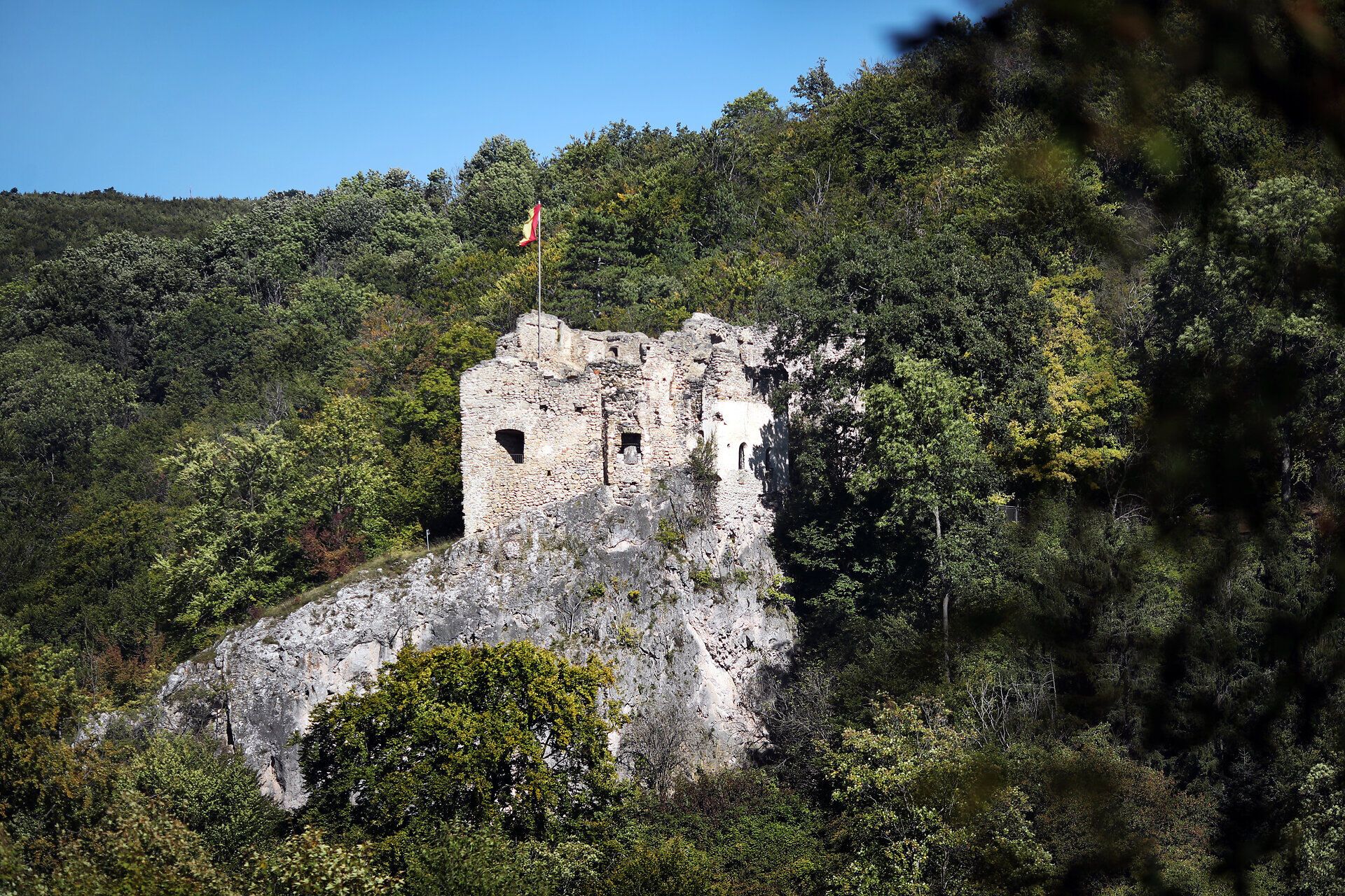 Die Ruine Johannstein liegt umgeben von Wald im Naturpark Sparbach. 