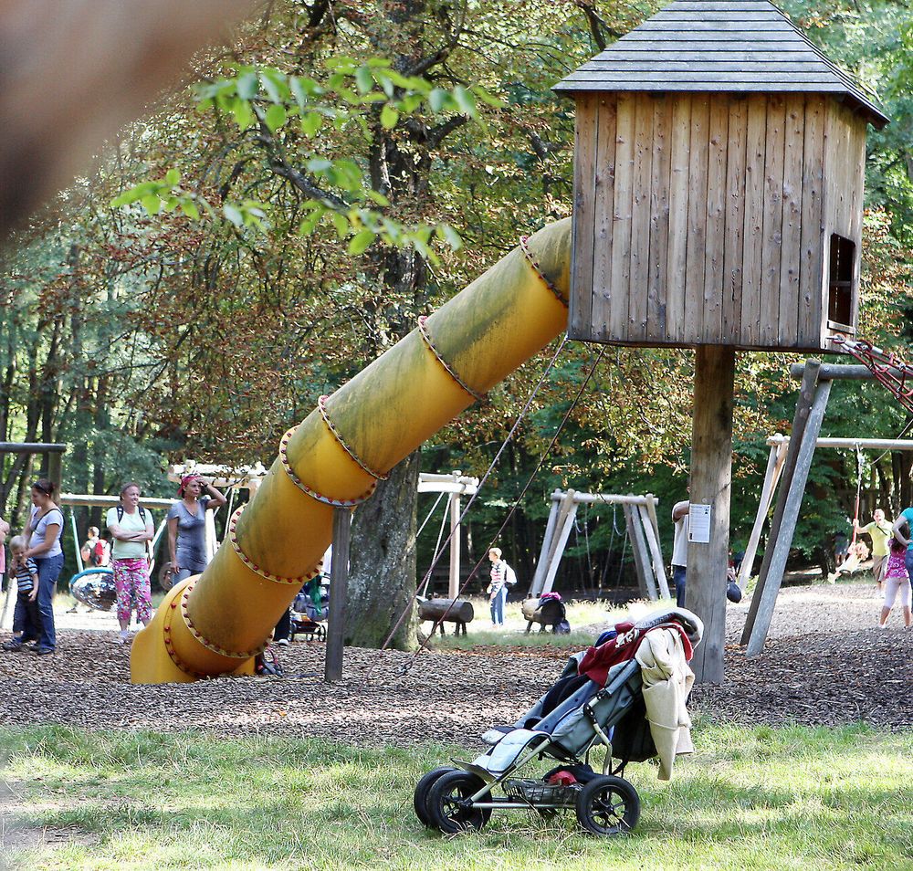 Ein lebendiger Spielplatz im Herzen der Natur, wo Kinder fröhlich auf den Schaukeln schwingen und die Rutsche hinunter sausen. Umgeben von üppigem Grün und hohen Bäumen, bietet dieser Ort eine perfekte Kulisse für unvergessliche Familienmomente.